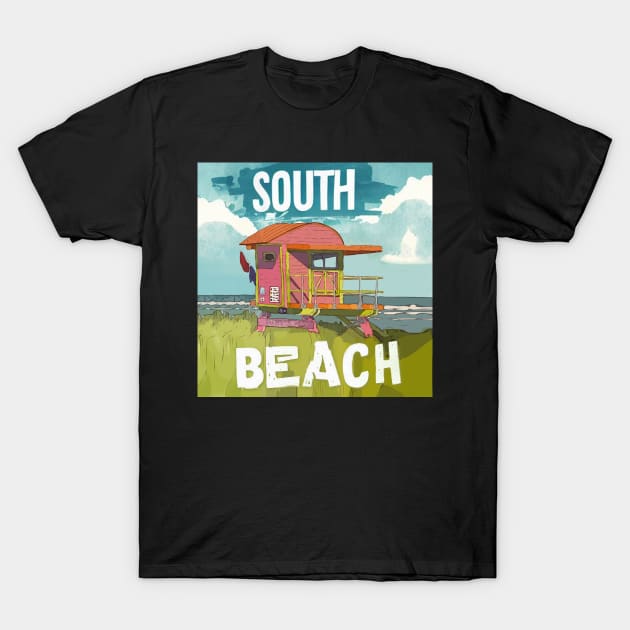 South Beach with a Lifeguard Tower - WelshDesigns T-Shirt by WelshDesigns